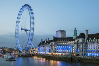 обоя london eye, города, лондон , великобритания, набережная, колесо, обозрения, река