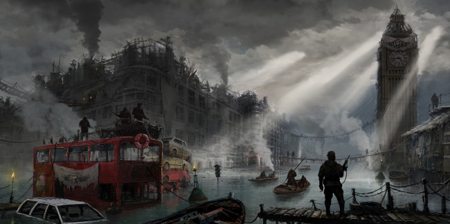 Обои картинки фото filip dudek, фэнтези, иные миры,  иные времена, разрушения, постапокалипсис, лондон, хаос, люди