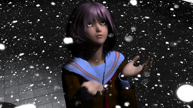 Обои картинки фото 3д графика, аниме , anime, фон, взгляд, девушка, снежинки