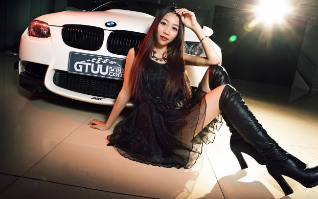 Обои картинки фото автомобили, -авто с девушками, взгляд, bmw, азиатка, автомобиль, фон, девушка