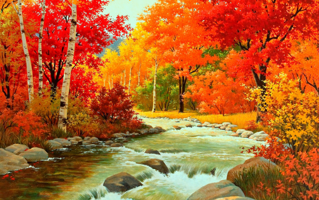 Обои картинки фото рисованное, природа, осень, кусты, камни, вода, река, лес, листва
