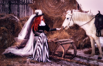Картинка девушки -unsort+ креатив вуаль дама сено лошадь снег конь девушка волосы рыжая шляпа наряд барышня