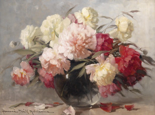 Картинка рисованное живопись пионы ваза букет цветы лепестки