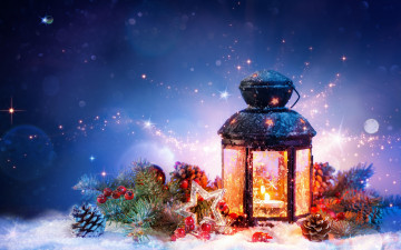 обоя праздничные, новогодние свечи, снег, мишура, шишки, украшения, фонарь