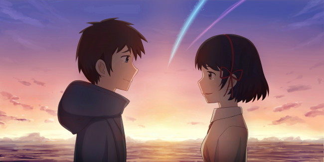 Обои картинки фото аниме, kimi no na wa, девушка, взгляд, парень, фон