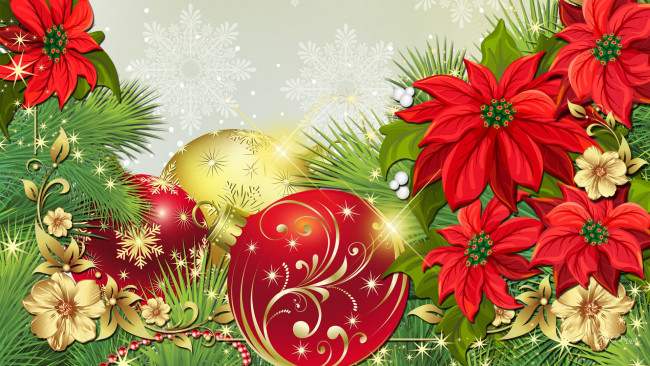 Обои картинки фото праздничные, векторная графика , новый год, шары, цветы, фон