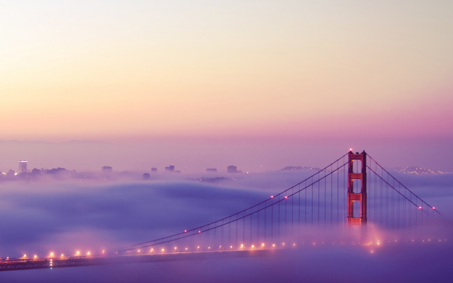 Обои картинки фото города, - мосты, мост, туман, огни, дома