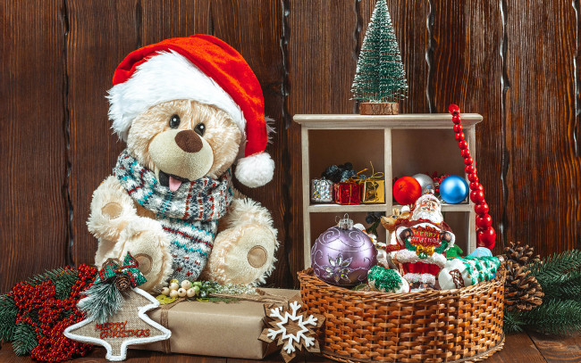 Обои картинки фото праздничные, - разное , новый год, медвежонок, корзинка, шарики, бусы