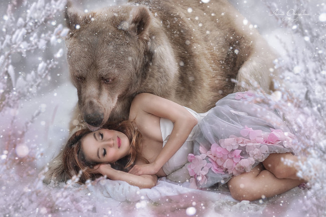 Обои картинки фото девушки, - брюнетки,  шатенки, шатенка, платье, медведь, снег
