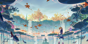 обоя видео игры, the legend of zelda, линк, озеро, рыбы, цветы, водопады