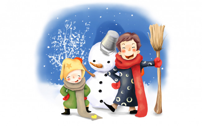 Обои картинки фото рисованное, люди, папа, сын, метла, снеговик, снег, зима