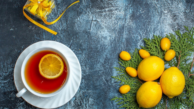 Обои картинки фото еда, цитрусы, чай, лимоны