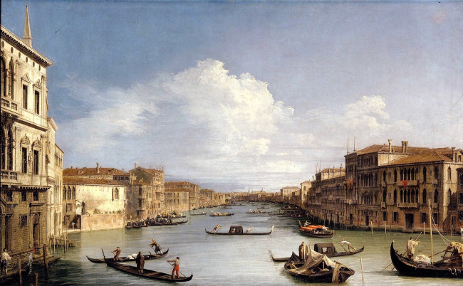 Обои картинки фото the grand canal from palazzo balbi, рисованное, canaletto, венеция, канал, гондолы, дома