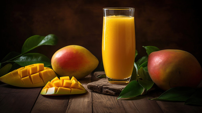 Обои картинки фото еда, напитки,  сок, манго, стакан, сок, листья