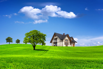 Картинка разное компьютерный дизайн пейзаж поле облака дерево небо деревья дом домик природа лето трава