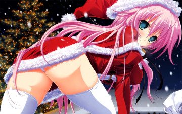 Картинка аниме merry chrismas winter девушка костюм подарки ёлка новый год