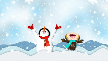 Картинка праздничные векторная графика новый год девочка снеговик снег снежинки радость