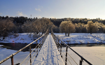 Картинка природа зима мост река снег