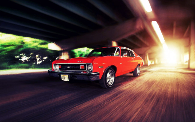 Обои картинки фото chevy, nova, автомобили, chevrolet, мост, скорость, красный