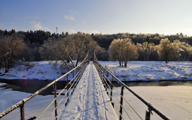 Обои картинки фото природа, зима, мост, река, снег