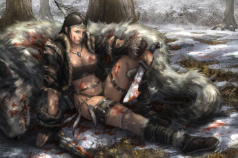 Картинка фэнтези красавицы+и+чудовища девушка охота зверь раны меч