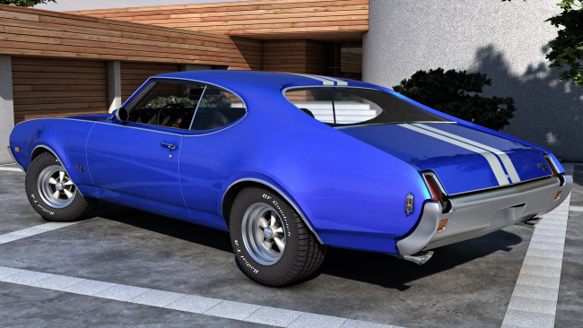Обои картинки фото автомобили, 3д, 1969, синий, 442, oldsmobile