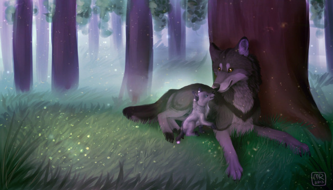 Обои картинки фото рисованные, животные,  сказочные,  мифические, лес, волк, щенок