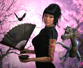 Картинка 3д+графика фантазия+ fantasy птица веер сакура дракон фон взгляд девушка