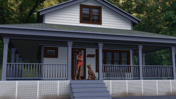 Картинка 3д+графика люди+ people дом взгляд ограждение девушка лестница собака