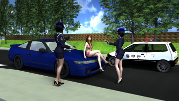 Картинка 3д+графика люди+ people улица полиция автомобиль рыжая взгляд девушка