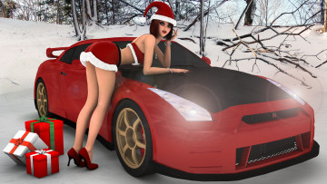 Картинка 3д+графика праздники+ holidays подарки автомобиль фон взгляд девушка