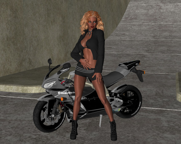 Обои картинки фото мотоциклы, 3d, блондинка, мотоцикл, фон, взгляд, девушка