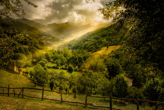 Обои картинки фото природа, горы, лес, тучи, свет
