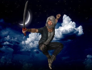 Картинка 3д+графика фантазия+ fantasy луна оружие фон взгляд мужчина
