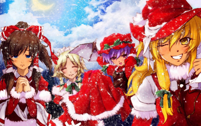 Обои картинки фото аниме, touhou, снег, костюмы, девушки