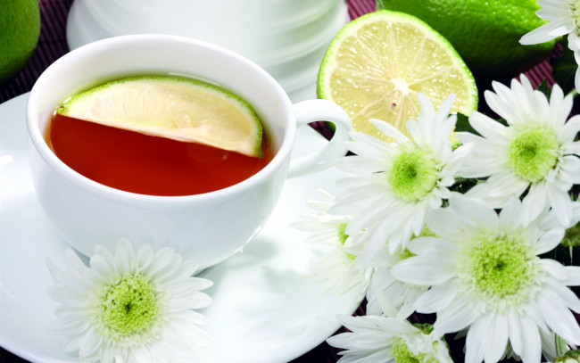 Обои картинки фото еда, напитки,  Чай, лимон, чай, хризантемы