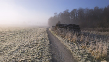 Картинка природа дороги туман иней поле