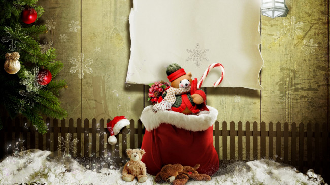 Обои картинки фото праздничные, мягкие игрушки, игрушки, мешок, снег, забор, бумага, ёлка