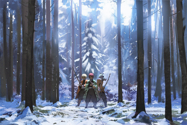 Обои картинки фото аниме, demon slayer,  kimetsu no yaiba, лес, снег, зима, люди