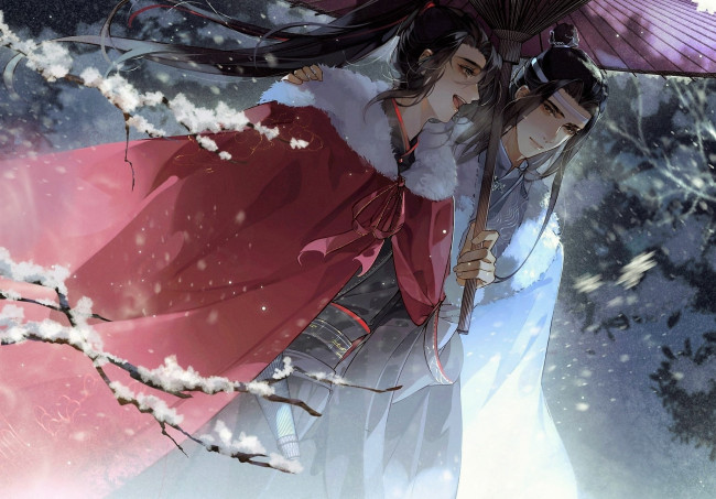 Обои картинки фото аниме, mo dao zu shi, вэй, усянь, лань, ванцзы, зонт, снег