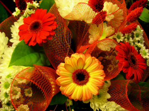 Картинка цветы букеты композиции герберы хризантемы ленты