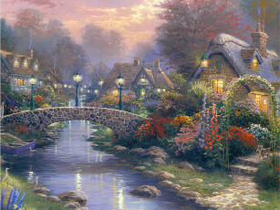 Картинка lamplight bridge рисованные thomas kinkade evening painting art томас кинкейд живопись мост фонари вечер