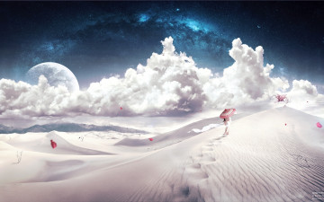 Картинка фэнтези иные миры времена девушка песок пустыня зонт облака