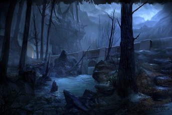 Картинка фэнтези пейзажи лес плотина ручей деревья горы дамба