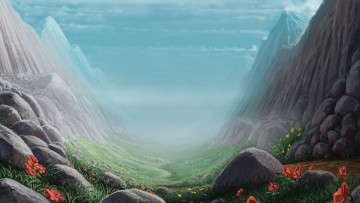 Картинка рисованные природа тропинка пейзаж скалы ущелье камни