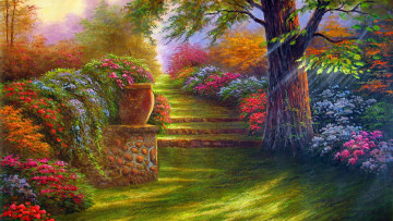 Картинка рисованные живопись сад цветы ступеньки дорога природа