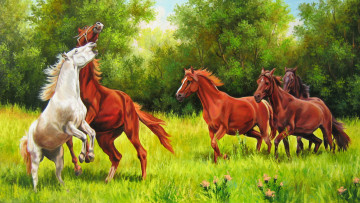 обоя рисованные, животные,  лошади, лес, кони, игривые