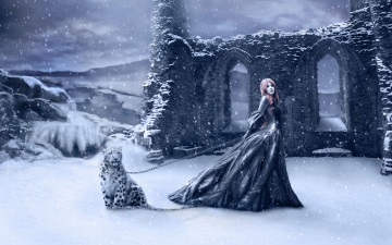 Картинка фэнтези девушки девушка готика руины снег зима снежный барс