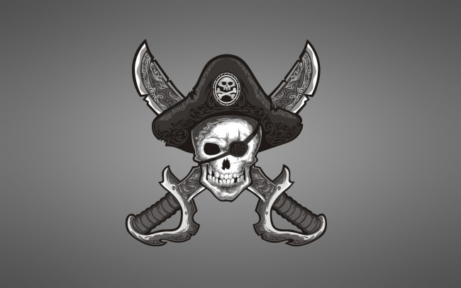 Обои картинки фото Череп пират, рисованные, минимализм, череп, пират, оружие, мечи, шляпа