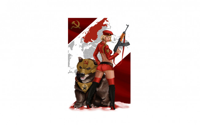 Обои картинки фото red alert 3, рисованные, - другое, калашников, red, alert, девушка, оружие, автомат, серп, и, молот, медведь